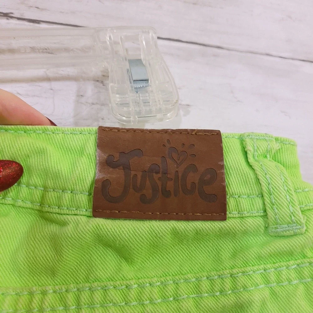 Justice Girls Neon Green Frayed Hem Denim Shorts Size 10R Heart Embroidery
